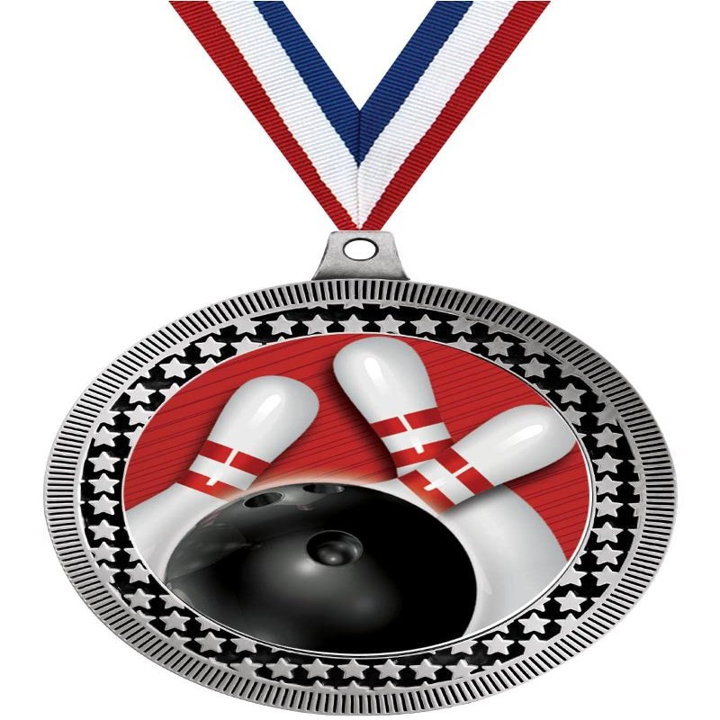 2.75" Bowling Red Stripes Award Medals, Silver Vega Bowling Red Stripes Team Trophy Awards Includes Free Neck Ribbon 10 Pack