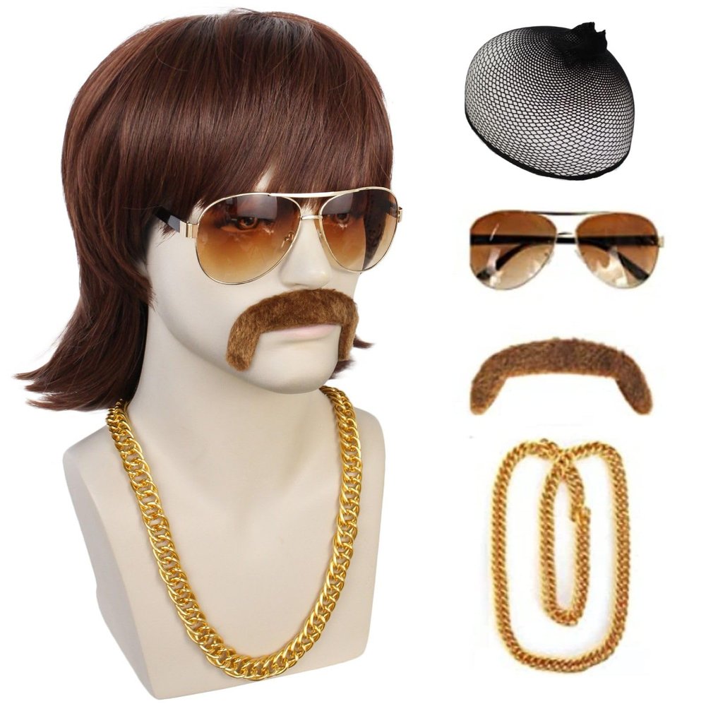 JoneTing Mens Disco Flip Wig+1 Chain+1 Mustache+1 Glasses +1 Hair Cap Mens 70s 80s Disco Wig Short Dark Brown Disc Party Wigs for Men Short Brown Wavy Wigs 70s 80s Costume Hair