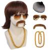 JoneTing Mens Disco Flip Wig+1 Chain+1 Mustache+1 Glasses +1 Hair Cap Mens 70s 80s Disco Wig Short Dark Brown Disc Party Wigs for Men Short Brown Wavy Wigs 70s 80s Costume Hair view 1