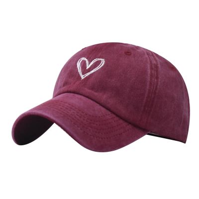 Adjustable Baseball Hat for Women Men Love Heart Embroidered Couples Outdoor Sport Cap Summer Casual Distressed Sun Hats Wine