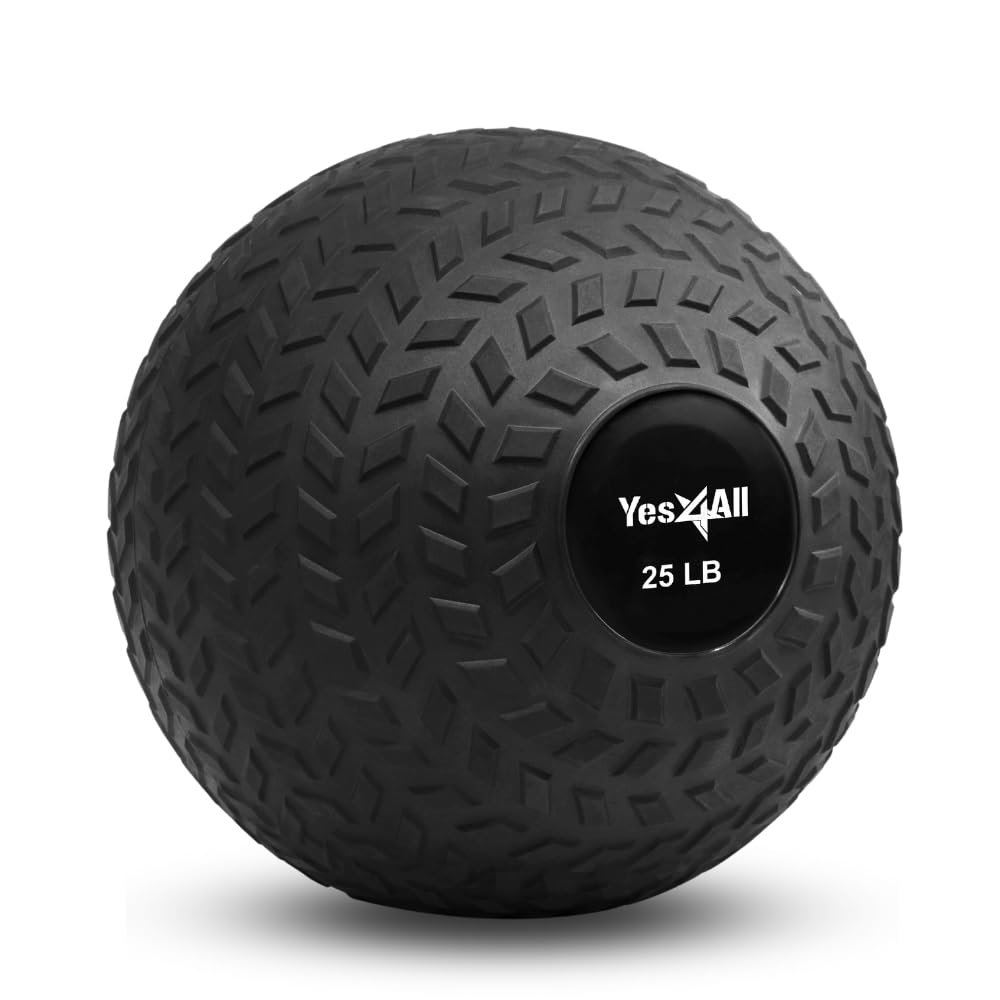 Yes4All Slam Balls, 10-40lb Weighted Ball Weight, Durable PVC Sand Filled Workout Dynamic Slam Ball for Strength Training, Tread, Black, 25lbs