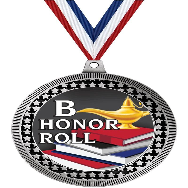 2.75" B Honor Roll Award Medals, Silver Vega B Honor Roll Team Trophy Awards Includes Free Neck Ribbon 10 Pack
