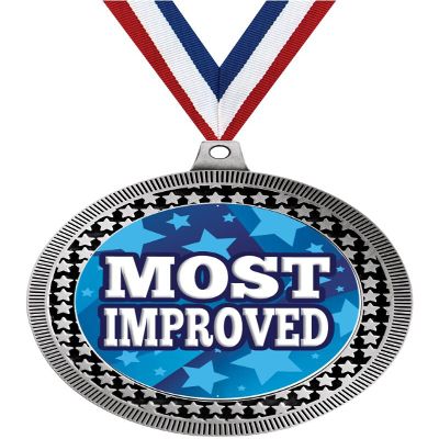 2.75" Most Improved Award Medals, Silver Vega Most Improved Team Trophy Awards Includes Free Neck Ribbon 10 Pack