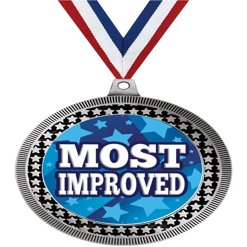2.75" Most Improved Award Medals, Silver Vega Most Improved Team Trophy Awards Includes Free Neck Ribbon 10 Pack