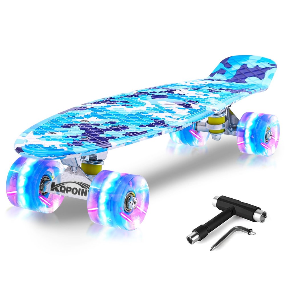Kqpoinw Skateboards, 22" Complete Skateboard for Kids Ages 6-12, Mini Cruiser Skateboard for Kids Boys Girls Teens Beginners with Colorful LED Light up Flashing Wheels Skate Tool