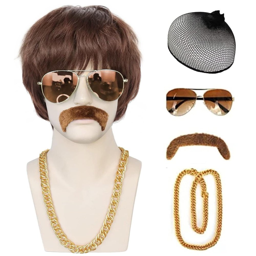 JoneTing Mens Disco Wig+1 Chain+1 Mustache+1 Glasses +1 Hair Cap Mens 70s 80s Disco Wig Short Dark Brown Disc Party Wigs for Men Short Brown Wavy Wigs 70s 80s Costume Hair