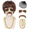JoneTing Mens Disco Wig+1 Chain+1 Mustache+1 Glasses +1 Hair Cap Mens 70s 80s Disco Wig Short Dark Brown Disc Party Wigs for Men Short Brown Wavy Wigs 70s 80s Costume Hair view 1