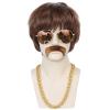 JoneTing Mens Disco Wig+1 Chain+1 Mustache+1 Glasses +1 Hair Cap Mens 70s 80s Disco Wig Short Dark Brown Disc Party Wigs for Men Short Brown Wavy Wigs 70s 80s Costume Hair view 2