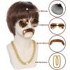 JoneTing Mens Disco Wig+1 Chain+1 Mustache+1 Glasses +1 Hair Cap Mens 70s 80s Disco Wig Short Dark Brown Disc Party Wigs for Men Short Brown Wavy Wigs 70s 80s Costume Hair view 4