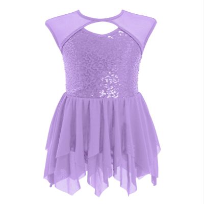 Aislor Kids Girls Sequined Cross Back Waist Bowknot Jazz Hip Hop Modern Dance Dresses Leotards for Stage Performance X*Purple 6 Years