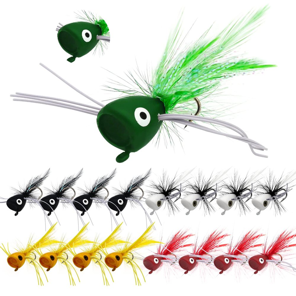 FishingPepo Fly Fishing Poppers, Topwater Fishing Lures Bass Crappie Bluegill Sunfish Panfish Trout Salmon Perch Steelhead Flies for Fly Fishing Bass Panfish Bluegill Trout Salmon(20pcs)