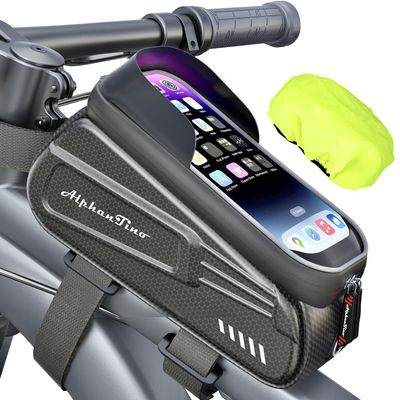 Alphantino Bike Phone Holder Bag - Waterproof Bicycle Frame Bag Hard Case Large Capacity Top Tube Front Frame Cycling Mount Accessories Pouch, TPU Touch-Screen & Sun-Visor (Red Zipper)