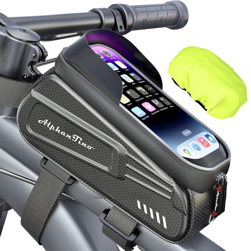 Alphantino Bike Phone Holder Bag - Waterproof Bicycle Frame Bag Hard Case Large Capacity Top Tube Front Frame Cycling Mount Accessories Pouch, TPU Touch-Screen & Sun-Visor (Red Zipper)