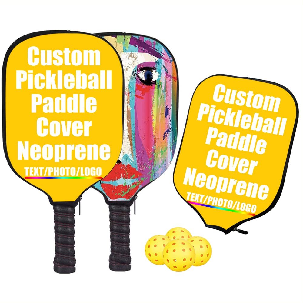 JCETUNO Custom Neoprene Pickleball Paddle Cover Pickleball Racket Sleeve with Image Text Logo Fits Most Rackets, Orange Yellow, W8.26 xL11.6
