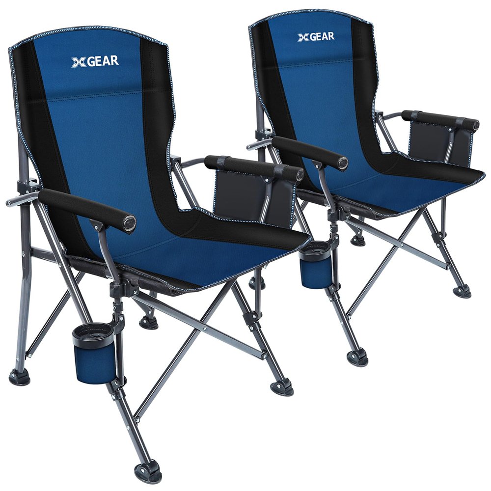 XGEAR Portable Camping Chairs for Adults with Padded Hard Armrest, Sturdy Folding Camping Chair with Cup Holder, Storage Pockets Carry Bag Included, Support to 300 lbs(2PCS/Blue)
