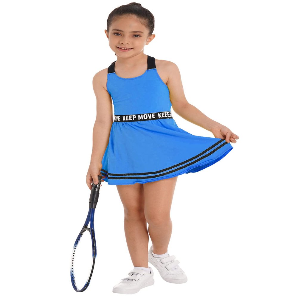 Yhong Kids Girls Golf Tennis Dress Outfits Solid Color Sleeveless Sports Dress with Shorts Blue 8 Years