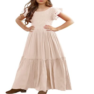 MITILLY Girls Lace Flower Ruffle Sleeve A-Line Swing Wedding Party Long Maxi Dress with Pockets 12 Years Apricot