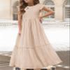 MITILLY Girls Lace Flower Ruffle Sleeve A-Line Swing Wedding Party Long Maxi Dress with Pockets 12 Years Apricot view 2
