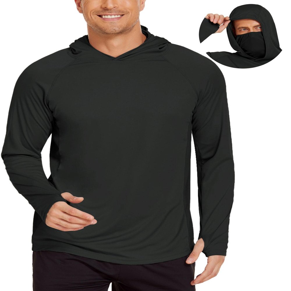 Hooded Fishing Shirts for Men UPF 50+ Long Sleeve Hoodie with Mask Lightweight SPF Sweatshirts Rash Guard Camo Neck Gaiter