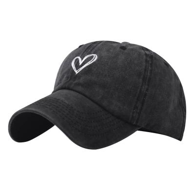 Adjustable Baseball Hat for Women Men Love Heart Embroidered Couples Outdoor Sport Cap Summer Casual Distressed Sun Hats Black
