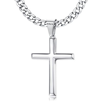 Besteel 925 Sterling Silver Cross Necklace Beveled Edge for Men Women 5mm Stainless Steel Non Tarnish Durable Cuban Link Curb Chain Crucifix Pendant Necklace Jewelry 24 Inches