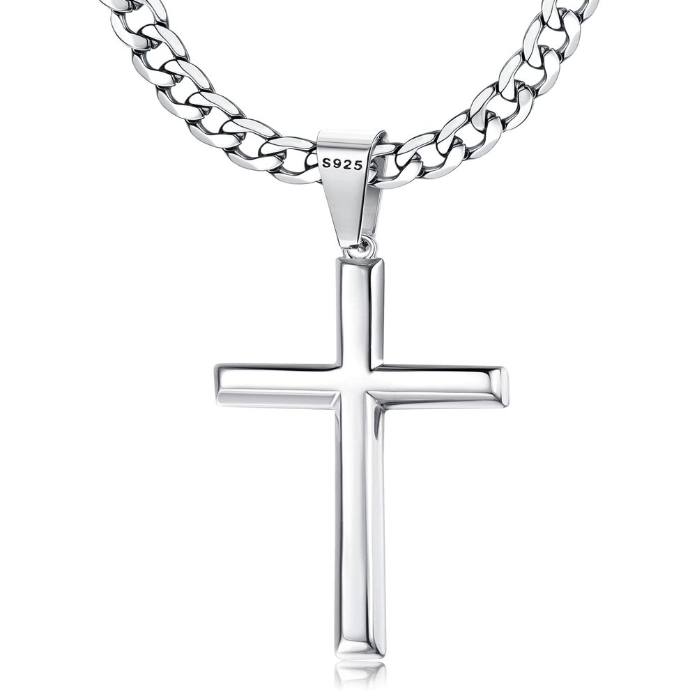Besteel 925 Sterling Silver Cross Necklace Beveled Edge for Men Women 5mm Stainless Steel Non Tarnish Durable Cuban Link Curb Chain Crucifix Pendant Necklace Jewelry 24 Inches