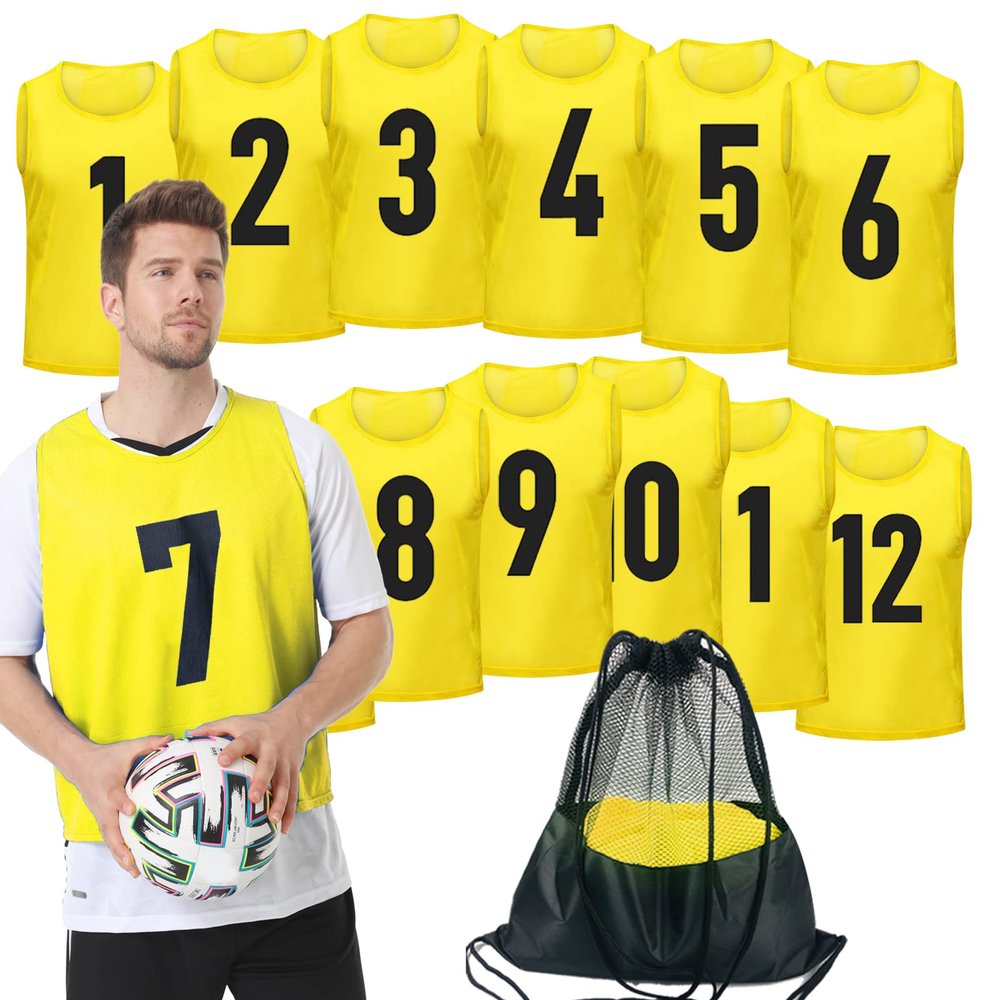 PULUOMASI 12 Pack Team Pinnies Scrimmage Vests Practice Jersey for Men Pennies for Sports Soccer Jerseys for Adult Youth Yellow M