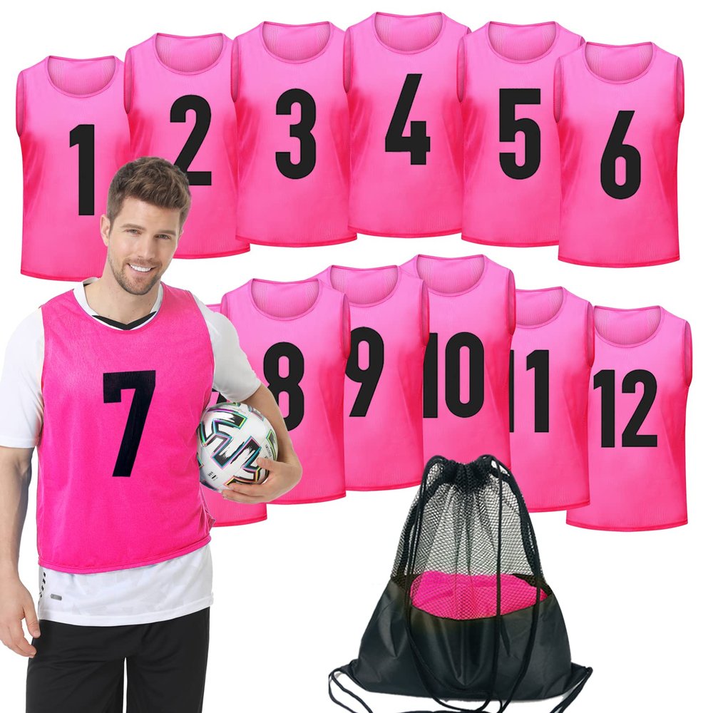 PULUOMASI 12 Pack Team Pinnies Scrimmage Vests Practice Jersey for Men Pennies for Sports Soccer Jerseys for Adult Youth Pink XL