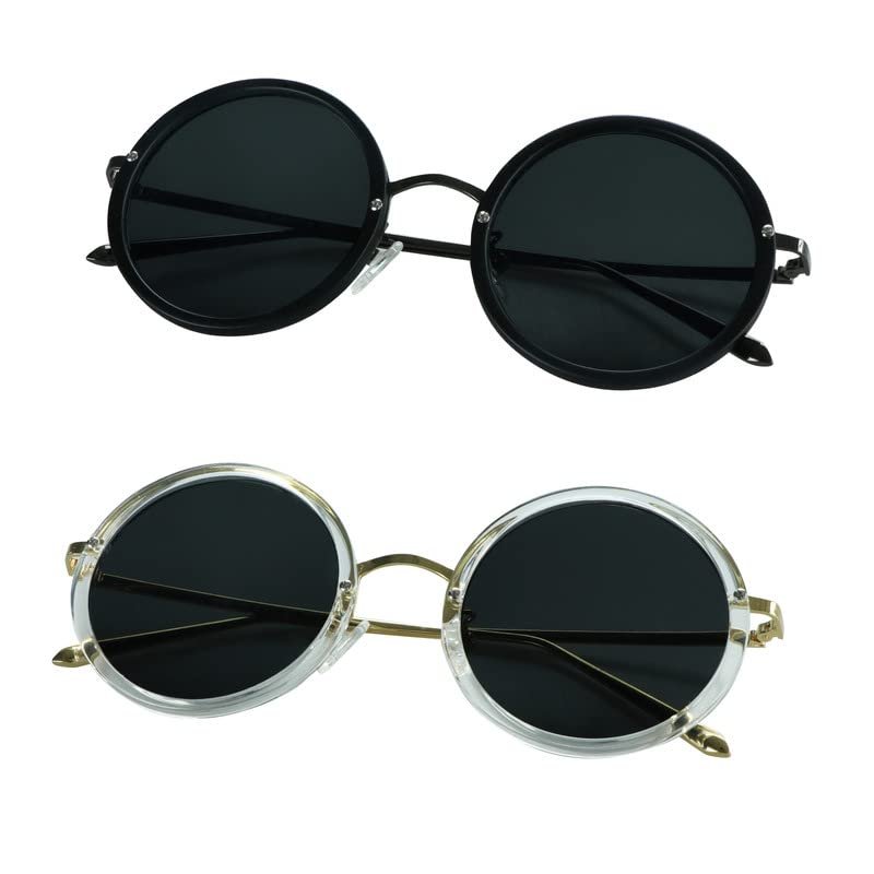2 Pack Vintage Round Sunglasses for Men and Women UV400 Protection Outdoor Shades with Black Silver+Clear Gold +1.00 Magnification Frame