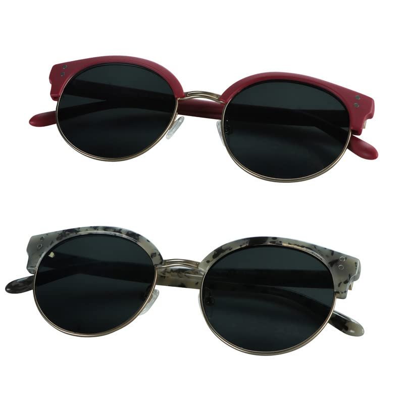 2 Pack Vintage Round Sunglasses for Men and Women UV400 Protection Outdoor Shades with Grey+Red +3.00 Magnification Frame