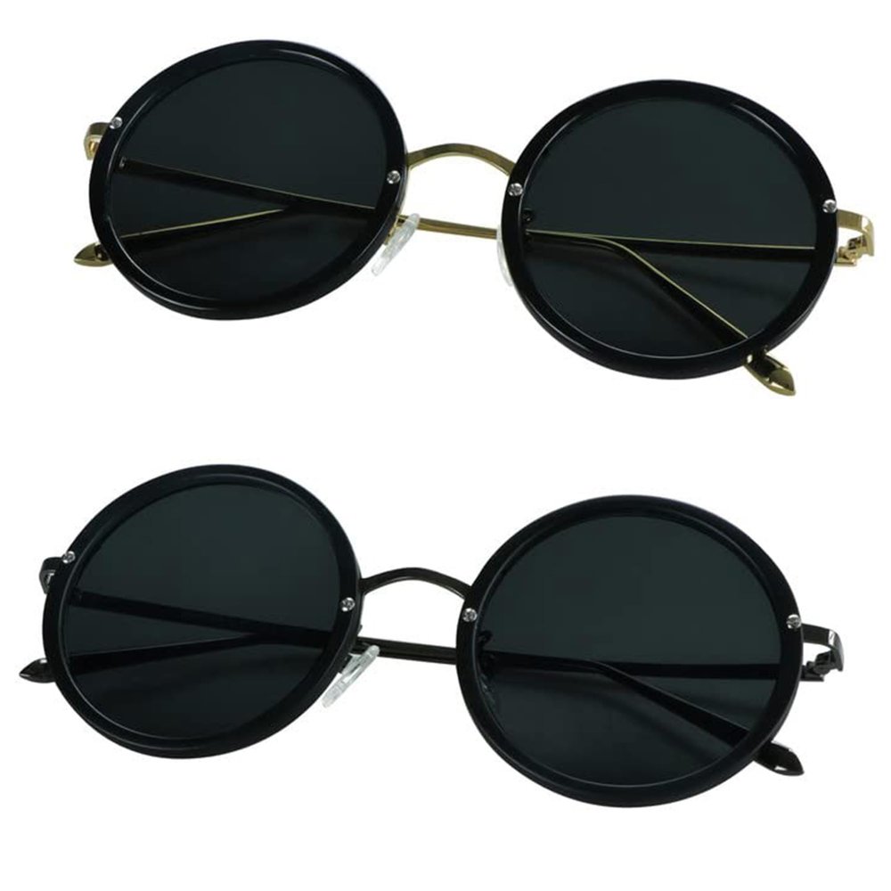 2 Pack Vintage Round Sunglasses for Men and Women UV400 Protection Outdoor Shades with Black Gold+Black Silver +1.00 Magnification Frame
