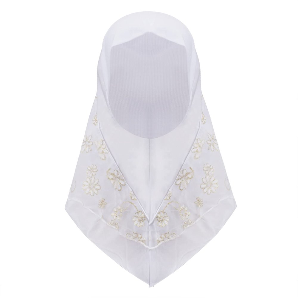 RUIXIA Muslim Hijab with Lace Applique Flower Rhinestones Islamic Prayer Turban Head Wrap Shawls for Little Girls Age 2-7Y
