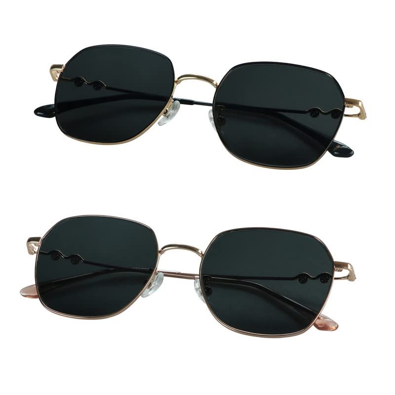 2 Pack Vintage Round Sunglasses for Men and Women UV400 Protection Outdoor Shades with Black Gold+Rose Gold +1.00 Magnification Frame