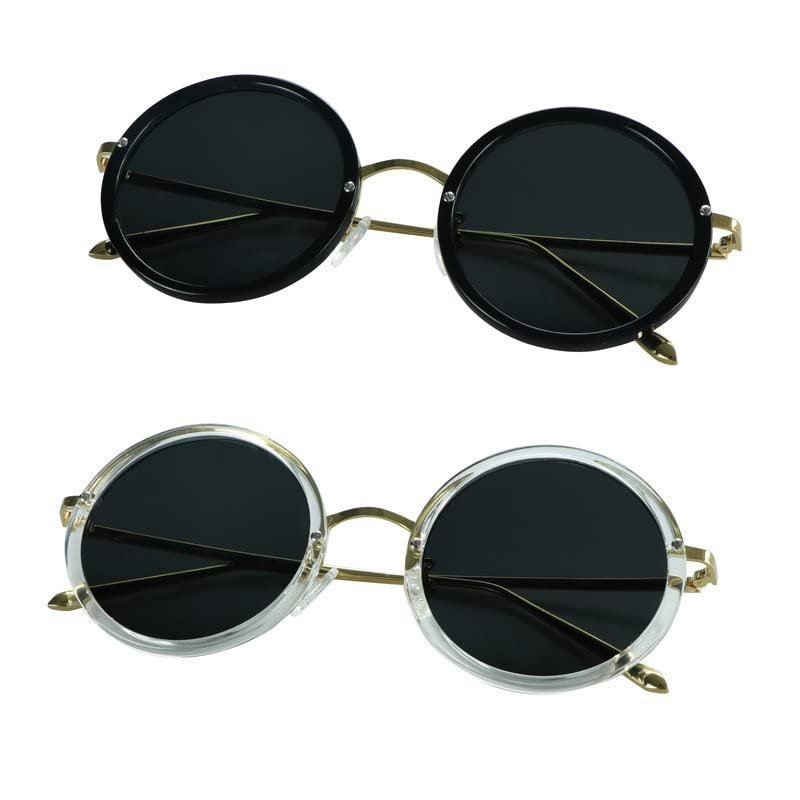 LifeArt 2 Pack Vintage Round Sunglasses for Men and Women UV400 Protection Outdoor Shades with Black Gold+Clear Gold +2.50 Magnification Frame