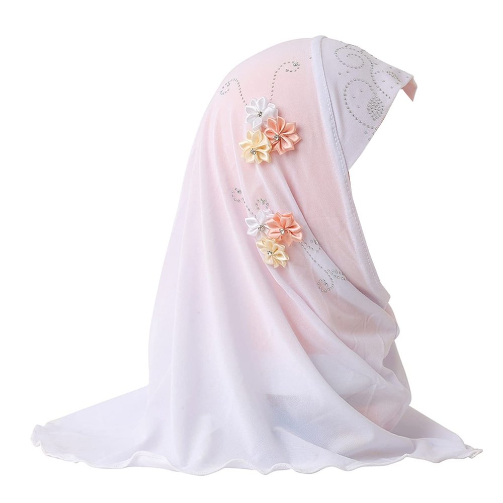 RUIXIA Muslim Hijab with Lace Applique Flower Rhinestones Islamic Prayer Turban Head Wrap Scarf Shawls for Little Girls Age 2-7Y White H75 One Size