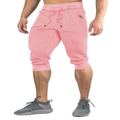 FASKUNOIE Men's Summer Shorts Casual Loose Fit Breathable Cotton Jogger Shorts Pink