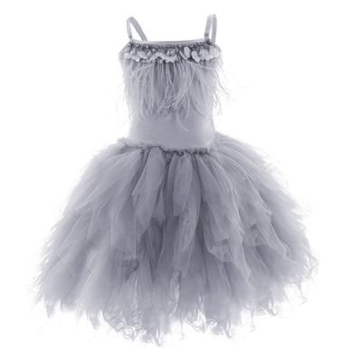 Kids Baby Little Swan Princess Feather Fringes Tiered Tutu Tulle Dress Flower Girls Spaghetti Strap Wedding Bridesmaid Ballerina Dance Pageant Birthday Party Prom Gown Photo Shooting Gray 5-6 Years