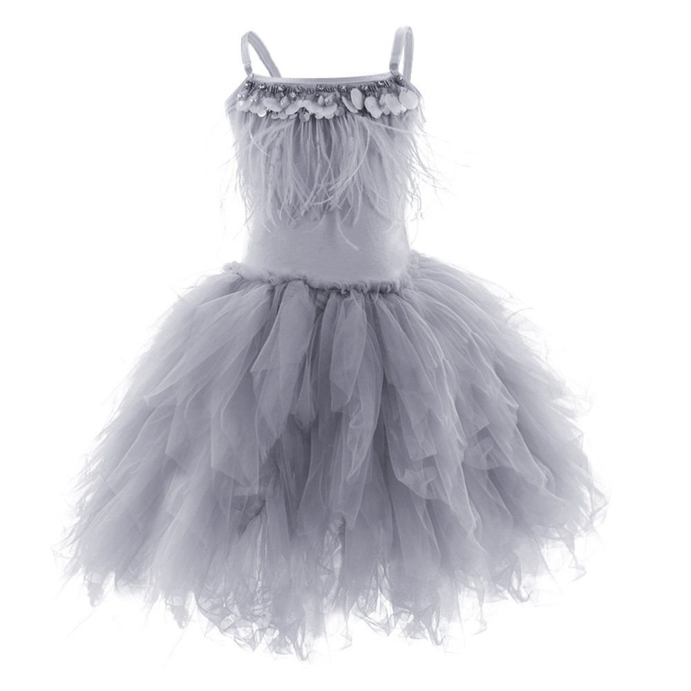 Kids Baby Little Swan Princess Feather Fringes Tiered Tutu Tulle Dress Flower Girls Spaghetti Strap Wedding Bridesmaid Ballerina Dance Pageant Birthday Party Prom Gown Photo Shooting Gray 5-6 Years