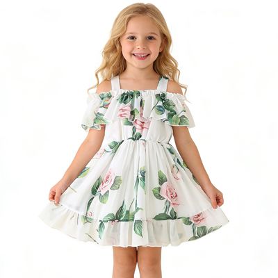 AGQT Toddler Girls Summer Off Shoulder Floral Dress Boho Princess Chiffon Ruffle Sundress for Beach Wedding Vacation White 5-6T