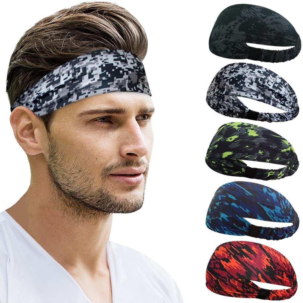 Beister Sports Headbands for Men Women (5 Pack), Moisture Wicking Sweat Band Elastic Wide Hair Bands, Workout Sweatband Athletic Mens Headband for Running, Cycling, Basketball, Gym Exercise, Football