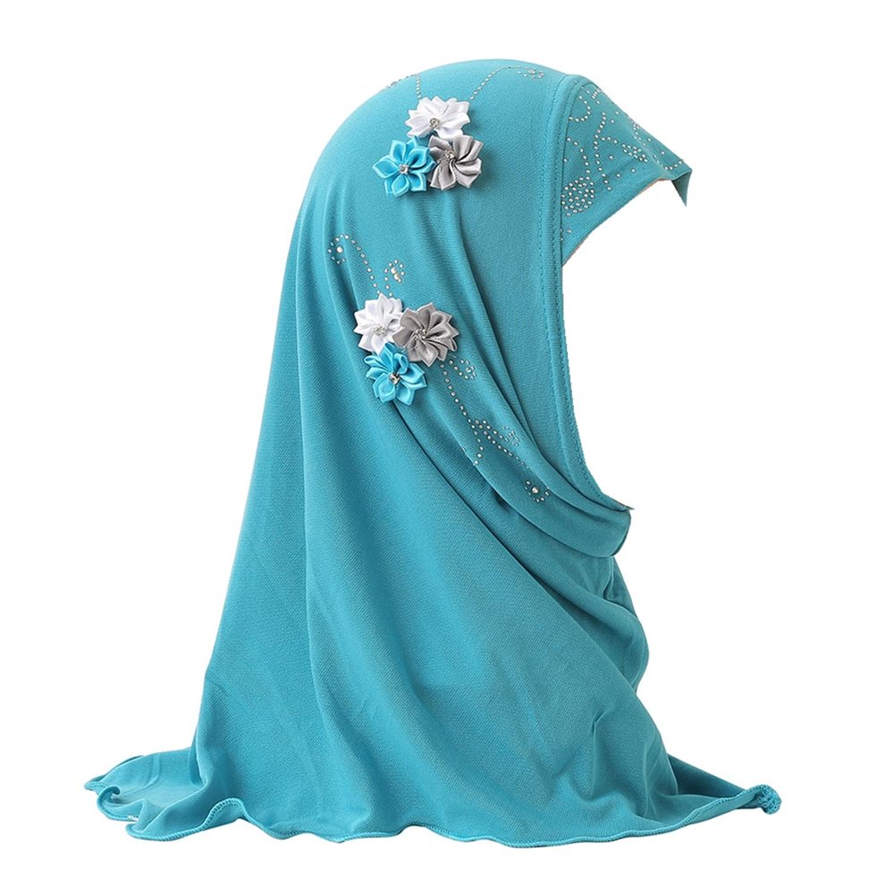 Muslim Hijab with Lace Applique Flower Rhinestones Islamic Prayer Turban Head Wrap Scarf Shawls for Little Girls Age 2-7Y, BAO-HEA-0154-RTXP