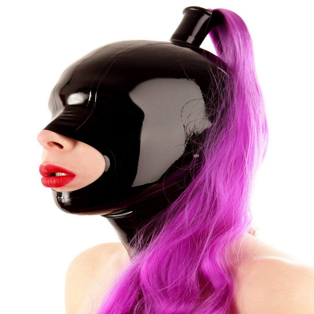 LEIMI Latex Hood Women Gummi Rubber Full Cover Mask Open Nose and Chin with Ponytail Wigs Masquerade Dress up Party Latex Mask (L, Black-no wigs)