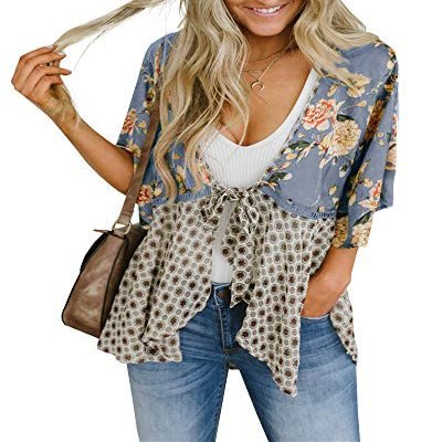 Women Floral Kimono Cardigans 3/4 Ruffle Sleeve Lightweight Patchwork Flowy Boho Loose Open Front Cover Ups Blue-Grey