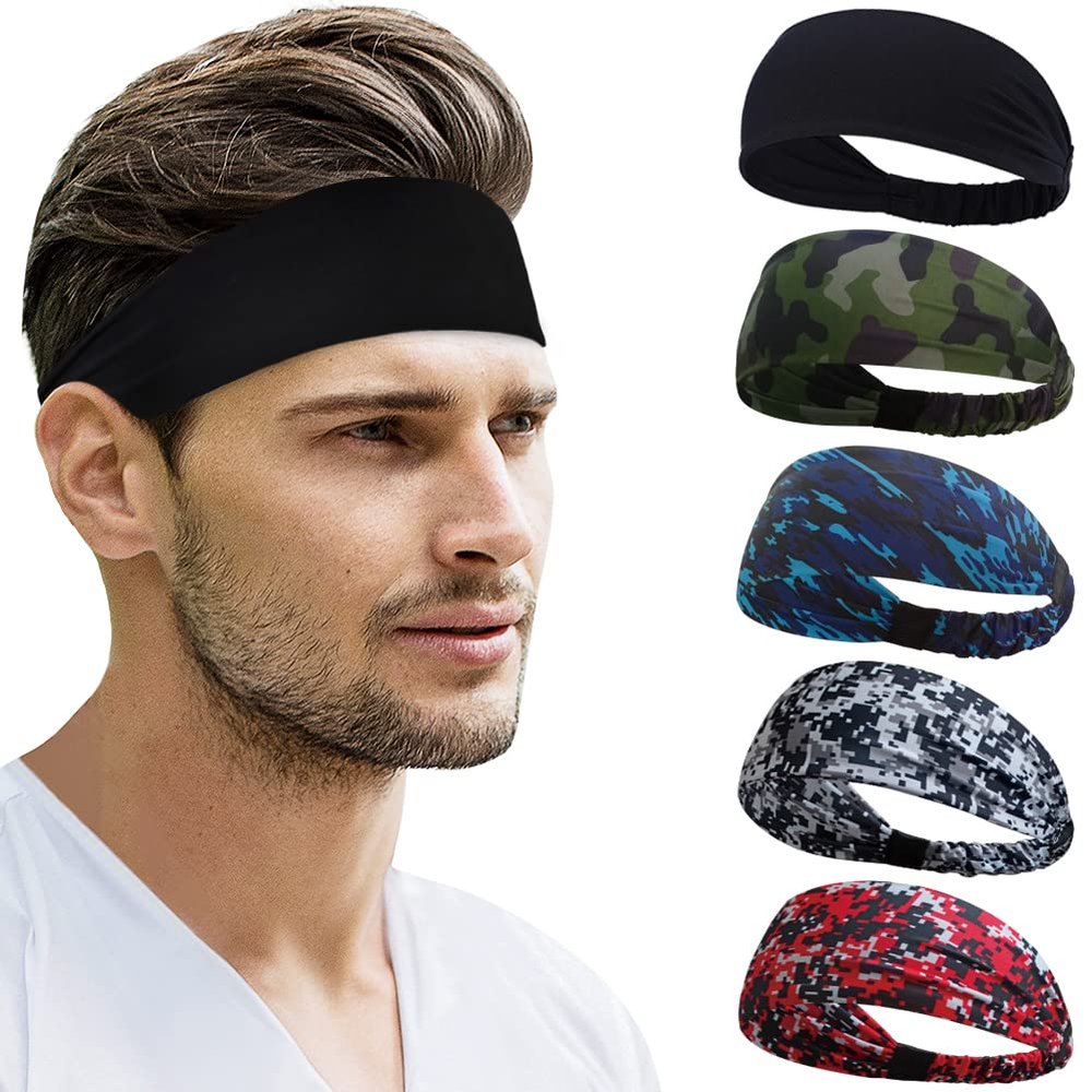 Beister Sports Headbands for Men Women (5 Pack), Moisture Wicking Sweat Band Elastic Wide Hair Bands, Workout Sweatband Athletic Mens Headband for Running, Cycling, Basketball, Gym Exercise, Football