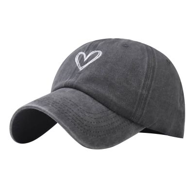 Adjustable Baseball Hat for Women Love Heart Embroidered Couples Outdoor Sport Cap Summer Casual Distressed Sun Hats Gray