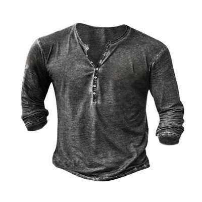 Mens Distressed Henley Shirts Vintage Long Sleeve Tee Shirts Casual Button Down Washed T-Shirts for Men Grey