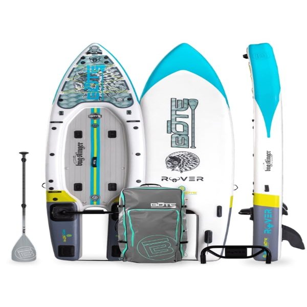 BOTE Rover Aero 12 FT 6 in Inflatable Micro Skiff, Blow up SUP for Adults Kids Family Friendly, APEX Pedal Drive & HP Motor Compatible, in Silver King