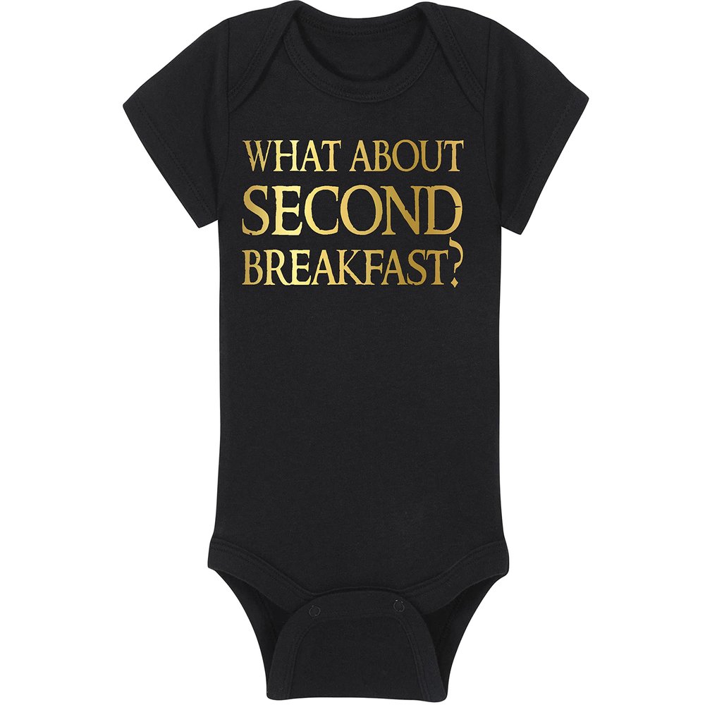 Fantasy Movie Baby Onesie - What About Second Breakfast? (6-12 Month - Black Fabric - Gold Design)