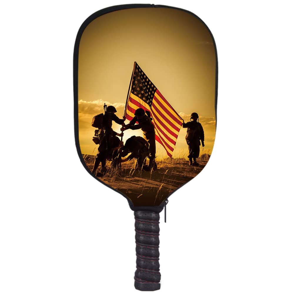 JCETUNO Universal Neoprene Pickleball Paddle Cover Protection Sleeve Holder Carrier, WWII American Soldiers Raise The Flag, Meaningful Mother's Day, Father's Day, Sports Lover Gifts