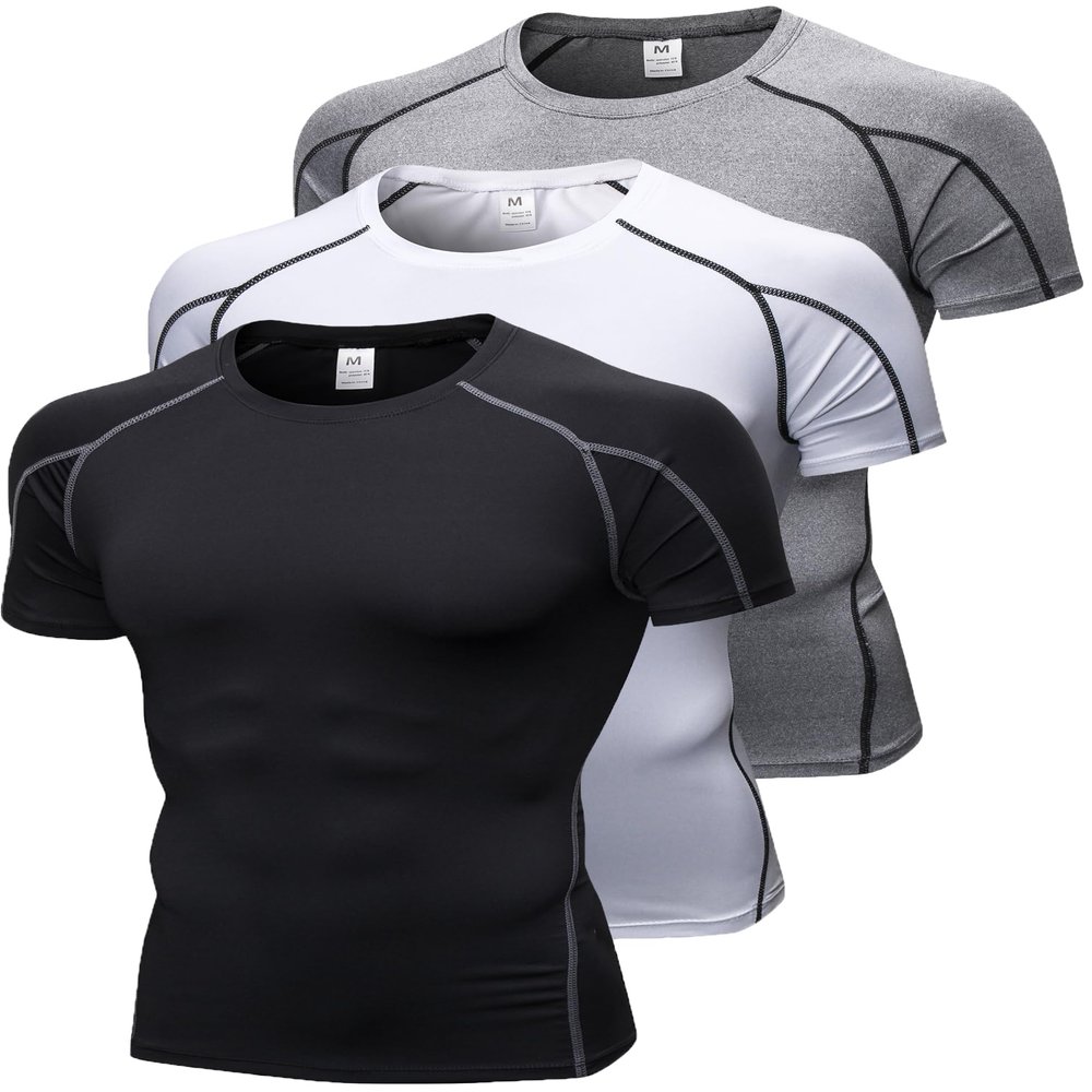 3 Pack Men's Compression Shirts Short Sleeve Workout T-Shirt Cool Dry Undershirts Baselayer Sport Cool Shirt Running Tops